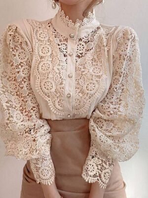 Elegant Loose Solid Shirt Collar Long Sleeve Lace Blouse - Image 3