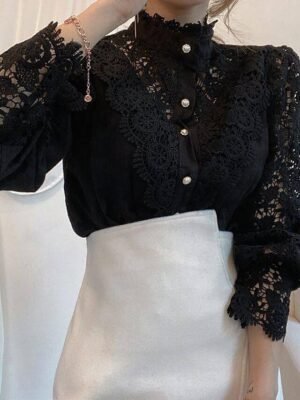 Elegant Loose Solid Shirt Collar Long Sleeve Lace Blouse - Image 4
