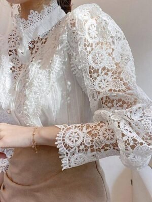 Elegant Loose Solid Shirt Collar Long Sleeve Lace Blouse - Image 5