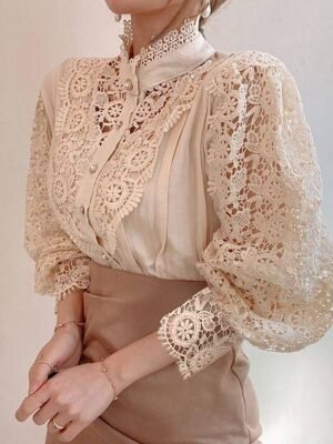 Elegant Loose Solid Shirt Collar Long Sleeve Lace Blouse - Image 6
