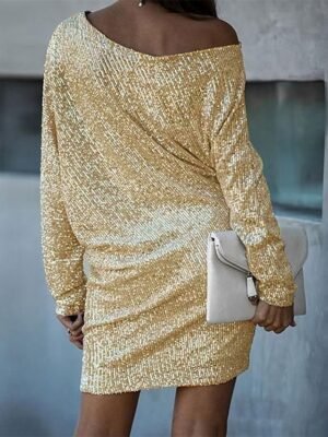 Elegant Loose Sparkle One Shoulder Three-Quarter Sleeve Above-Knee Shift Dress - Image 6