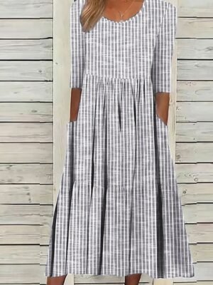 Elegant Loose Stripe Crew Neck Short Sleeve Midi Dress - Image 2