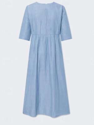 Elegant Loose Stripe Crew Neck Short Sleeve Midi Dress - Image 5