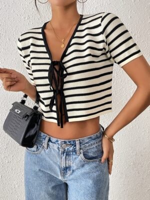 Elegant Loose Striped V Neck Long Sleeve Regular Cardigan - Image 5
