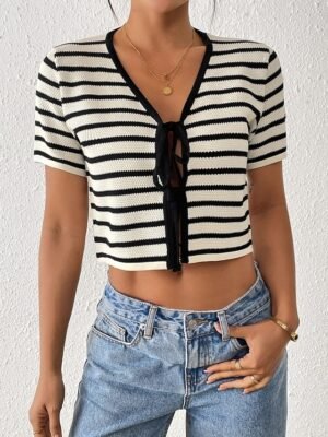 Elegant Loose Striped V Neck Long Sleeve Regular Cardigan - Image 6