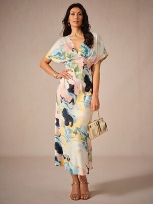 Elegant Loose Tie Dye V Neck Short Sleeve Maxi Dress - Image 1