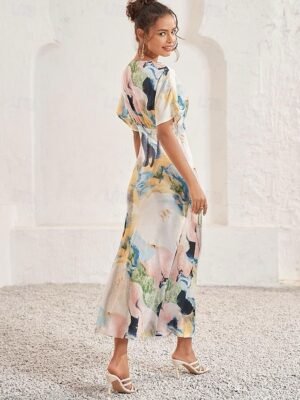 Elegant Loose Tie Dye V Neck Short Sleeve Maxi Dress - Image 10