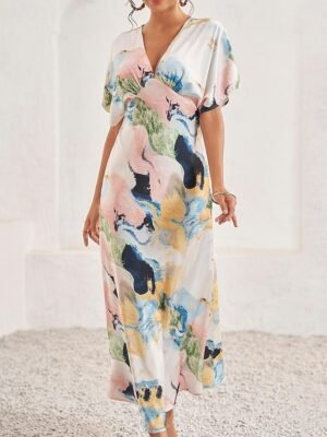 Elegant Loose Tie Dye V Neck Short Sleeve Maxi Dress - Image 13