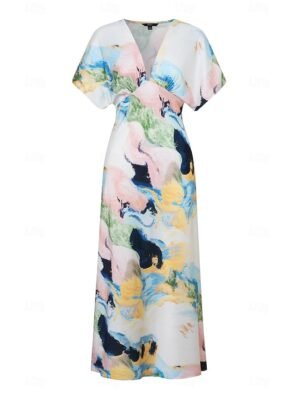 Elegant Loose Tie Dye V Neck Short Sleeve Maxi Dress - Image 15
