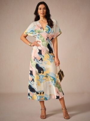 Elegant Loose Tie Dye V Neck Short Sleeve Maxi Dress - Image 2