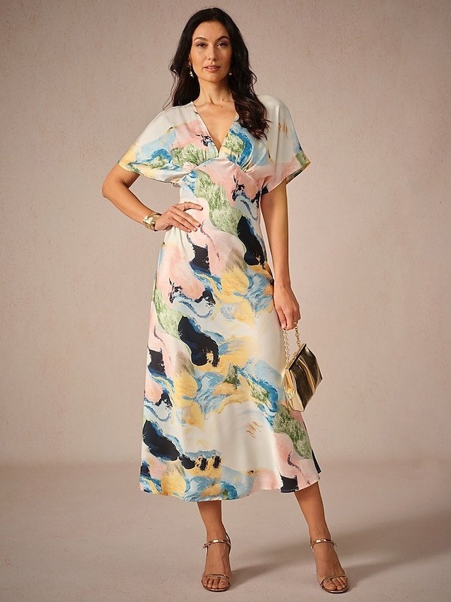 Elegant Loose Tie Dye V Neck Short Sleeve Maxi Dress - Image 2