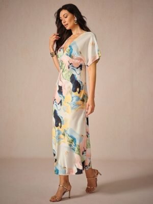 Elegant Loose Tie Dye V Neck Short Sleeve Maxi Dress - Image 4