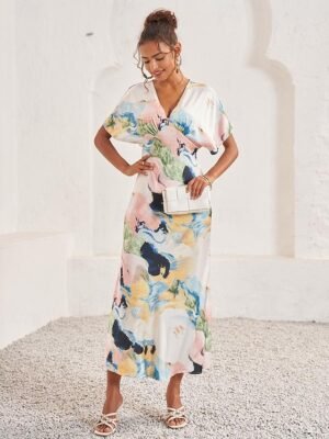 Elegant Loose Tie Dye V Neck Short Sleeve Maxi Dress - Image 8