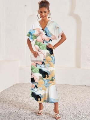 Elegant Loose Tie Dye V Neck Short Sleeve Maxi Dress - Image 9