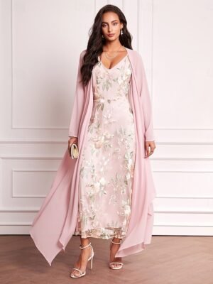 Elegant Maxi Embroidered V Neck Long Sleeve Dress Set - Image 1
