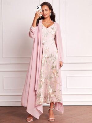 Elegant Maxi Embroidered V Neck Long Sleeve Dress Set - Image 11