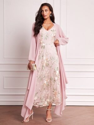 Elegant Maxi Embroidered V Neck Long Sleeve Dress Set - Image 12