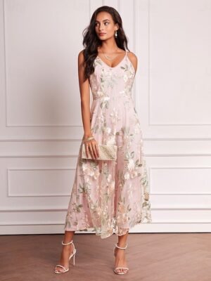 Elegant Maxi Embroidered V Neck Long Sleeve Dress Set - Image 14