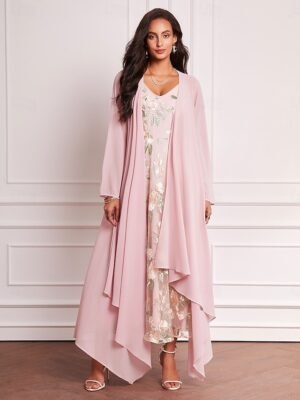 Elegant Maxi Embroidered V Neck Long Sleeve Dress Set - Image 4