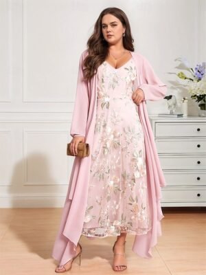 Elegant Maxi Embroidered V Neck Long Sleeve Dress Set - Image 9