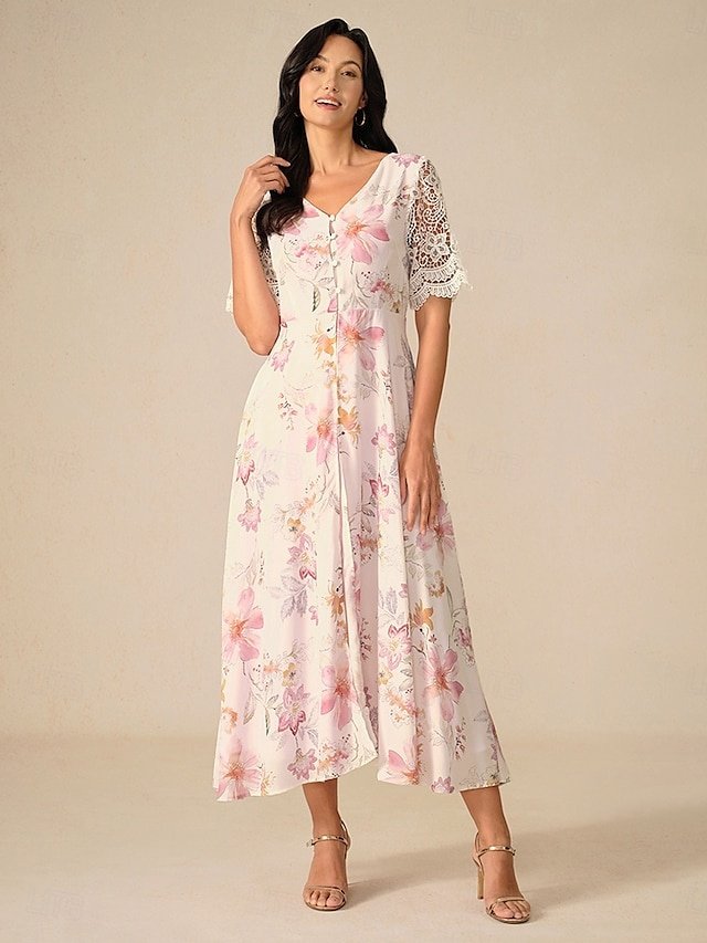Elegant Maxi Floral Lace V Neck Short Sleeve Dress - Image 1