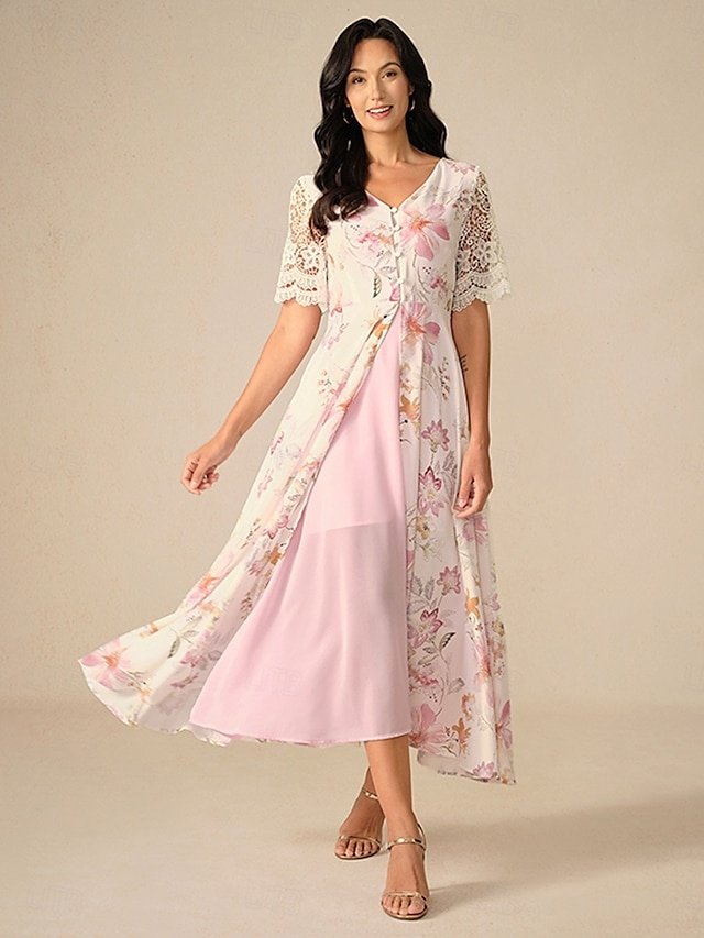 Elegant Maxi Floral Lace V Neck Short Sleeve Dress - Image 2