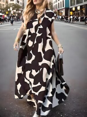 Elegant Maxi Geometric Colour Block V Neck Sleeveless Long Dress - Image 1