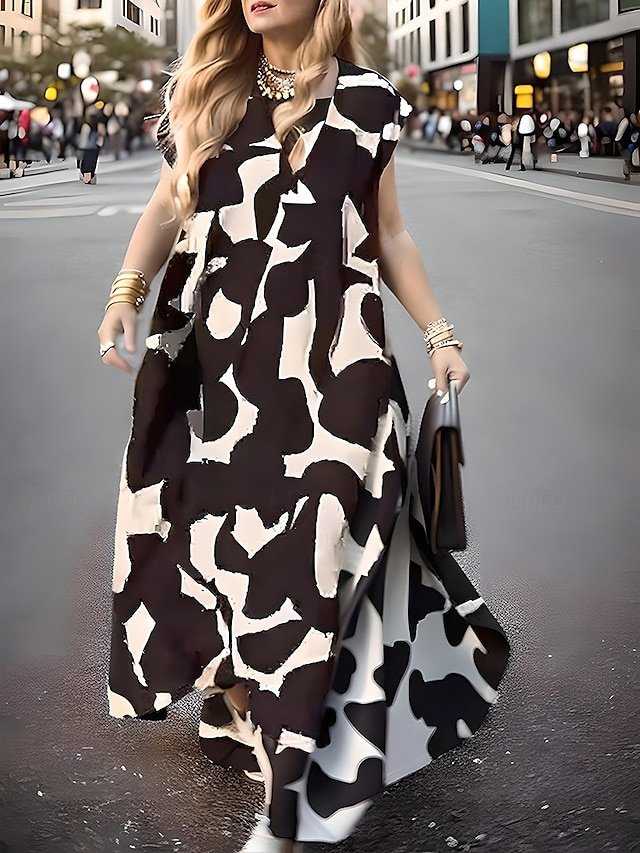 Elegant Maxi Geometric Colour Block V Neck Sleeveless Long Dress - Image 1