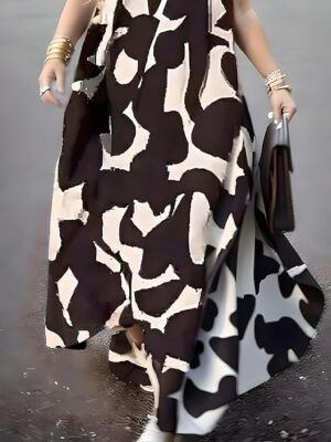 Elegant Maxi Geometric Colour Block V Neck Sleeveless Long Dress - Image 2