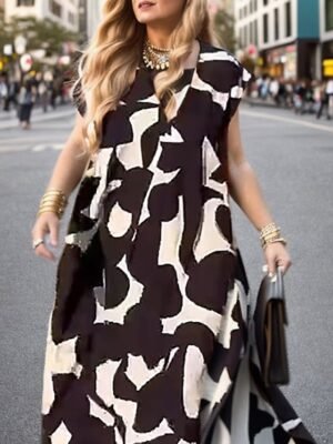 Elegant Maxi Geometric Colour Block V Neck Sleeveless Long Dress - Image 3