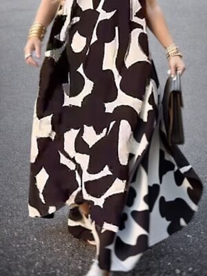 Elegant Maxi Geometric Colour Block V Neck Sleeveless Long Dress - Image 7