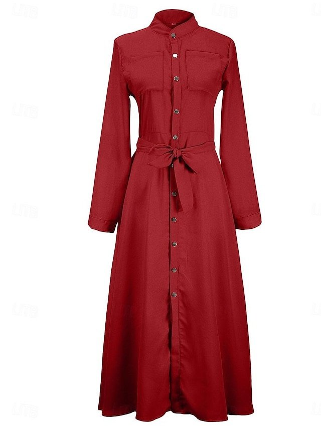 Elegant Maxi Lace-Up Stand Collar Long Sleeve Dress - Image 2