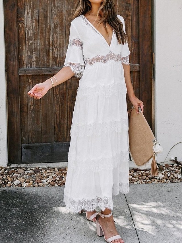 Elegant Maxi Lace V Neck Half Sleeve Dress - Image 3