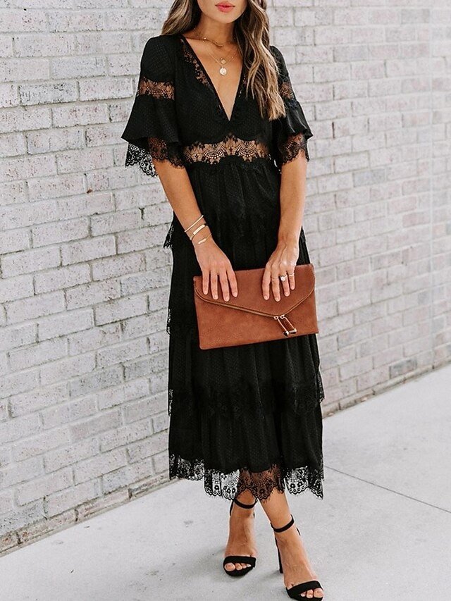 Elegant Maxi Lace V Neck Half Sleeve Dress - Image 6