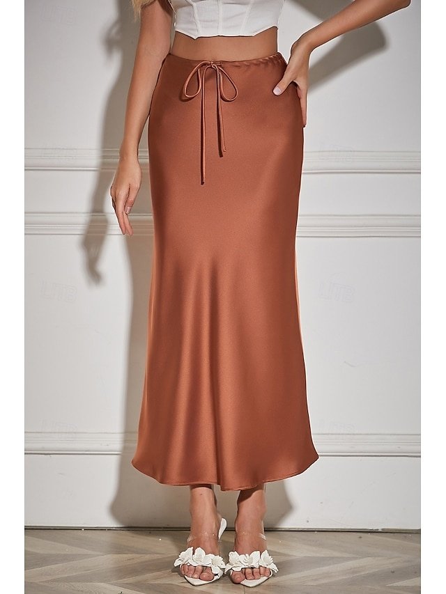 Elegant Maxi Plain Mid Rise Drawstring Skirt - Image 1