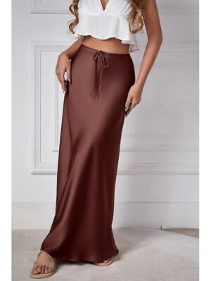 Elegant Maxi Plain Mid Rise Drawstring Skirt - Image 10