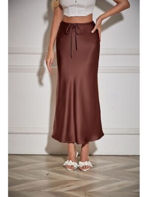Elegant Maxi Plain Mid Rise Drawstring Skirt - Image 11