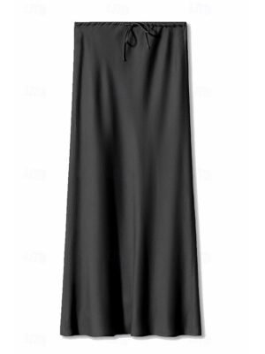 Elegant Maxi Plain Mid Rise Drawstring Skirt - Image 4