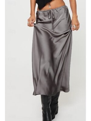 Elegant Maxi Plain Mid Rise Drawstring Skirt - Image 5