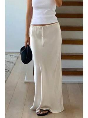 Elegant Maxi Plain Mid Rise Drawstring Skirt - Image 8