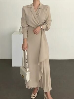 Elegant Maxi Pleated Shirt Collar Long Sleeve Dress - Image 1