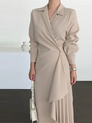 Elegant Maxi Pleated Shirt Collar Long Sleeve Dress - Image 2