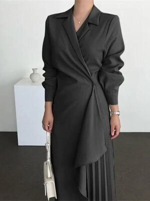 Elegant Maxi Pleated Shirt Collar Long Sleeve Dress - Image 6