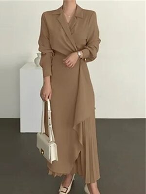 Elegant Maxi Pleated Shirt Collar Long Sleeve Dress - Image 7