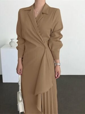 Elegant Maxi Pleated Shirt Collar Long Sleeve Dress - Image 8