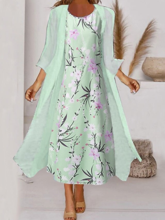 Elegant Midi Floral Crew Neck 3/4 Sleeve Dress Set - Image 1