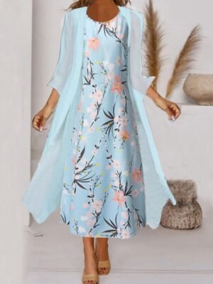 Elegant Midi Floral Crew Neck 3/4 Sleeve Dress Set - Image 2