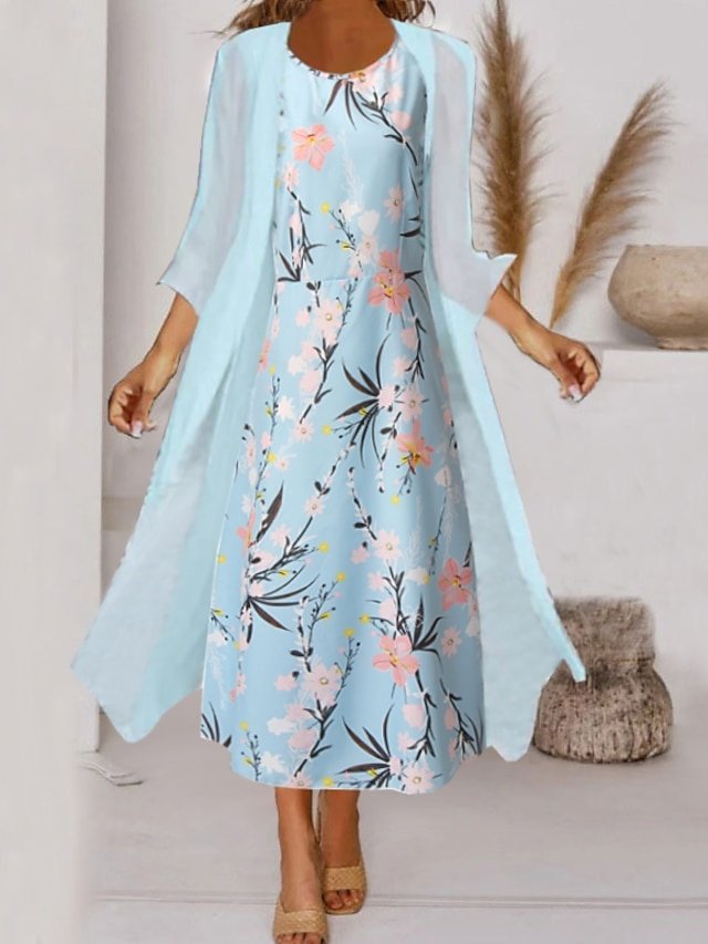 Elegant Midi Floral Crew Neck 3/4 Sleeve Dress Set - Image 2