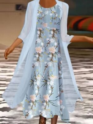Elegant Midi Floral Crew Neck 3/4 Sleeve Dress Set - Image 3