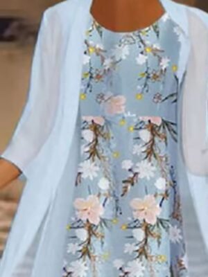 Elegant Midi Floral Crew Neck 3/4 Sleeve Dress Set - Image 4